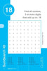 SumSearch by Schiffer Publishing, Ltd. is a blue and white puzzle page with a number grid and instructions to find digit combos that total 18. Great for brain game fans, it also shows possible combos and clues at the bottom.