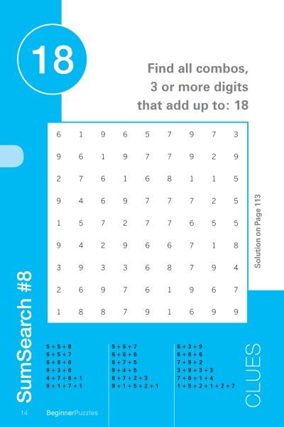 SumSearch by Schiffer Publishing, Ltd. is a blue and white puzzle page with a number grid and instructions to find digit combos that total 18. Great for brain game fans, it also shows possible combos and clues at the bottom.