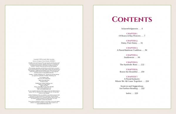 Two pages from "The Graphic Flower" by Schiffer Publishing, Ltd. The left page has publishing and copyright details; the right shows a burgundy-printed Contents section with chapters, page numbers, and daisy illustrations.