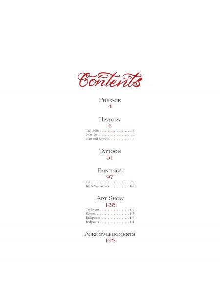 The table of contents in Slave to the Needle by Schiffer Publishing, Ltd. lists Preface, History, Tattoos, Bodysuit Designs, Paintings, Art Show, and Acknowledgements, with a red cursive "Contents" in classic Seattle tattoo shop style at the top.