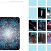 A two-page spread from First Light Tarot by Schiffer Publishing, Ltd. shows Major Arcana card descriptions on the left and 22 cosmic-themed cards from the 66-card deck on the right, each featuring celestial or astronomical imagery.