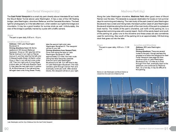 A page from "Scenic Seattle" by Schiffer Publishing, Ltd. shows text and images of a city and mountain, featuring top photo spots perfect for anyone creating a Seattle travel guide.