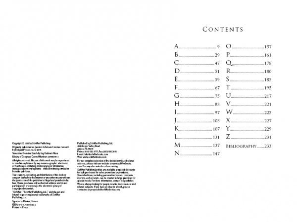 The "Lexicon of Tribal Tattoos" by Schiffer Publishing, Ltd. features an A–Z table of contents with page numbers, sections on tattoo meanings and motifs, a bibliography, and copyright/publishing info on the page's left side.