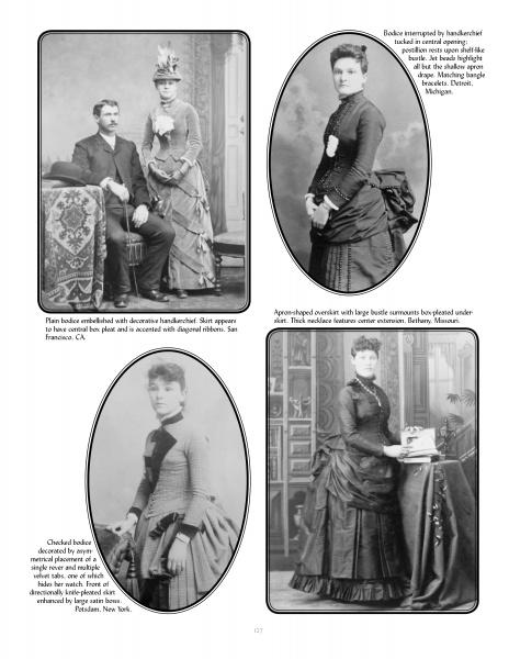 A page from "Victorian Costume for Ladies 1860-1900" by Schiffer Publishing, Ltd. shows four women and one man in late 19th-century formal dress, each oval portrait captioned with details of their vintage Victorian fashion.