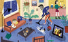 A cozy, colorful living room at night from "Shhh" by Schiffer Publishing, Ltd.: a child reads on the sofa, an adult vacuums, a cat hisses, another washes dishes in the kitchen, and a TV displays two people singing.