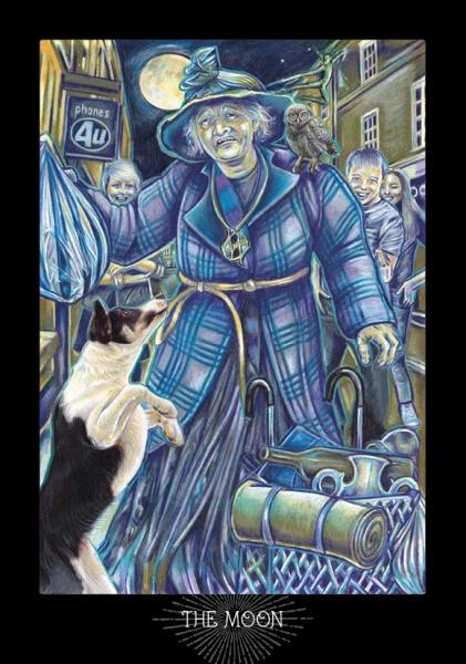 An elderly woman in a plaid coat stands under a full moon, holding shopping bags with an owl perched on her shoulder and a dog jumping up—city and figures behind her—inclusive “THE MOON” card from The Everyday Enchantment Tarot by Schiffer Publishing, Ltd.