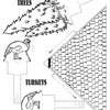 The Pilgrim Village by Schiffer Publishing, Ltd. includes black and white cutouts labeled “TREES,” “TURKEYS,” and “FORT ROOF” with easy-to-assemble tabs—ideal for Thanksgiving dioramas or coloring activities.