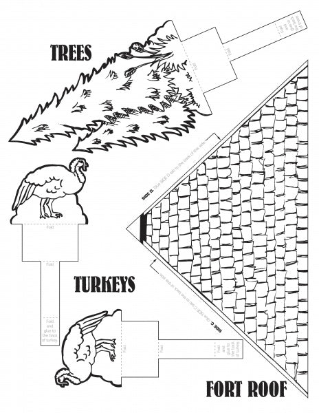 The Pilgrim Village by Schiffer Publishing, Ltd. includes black and white cutouts labeled “TREES,” “TURKEYS,” and “FORT ROOF” with easy-to-assemble tabs—ideal for Thanksgiving dioramas or coloring activities.
