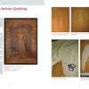 In Schiffer Publishing, Ltd.'s "Quilted Leather," a spread shows text beside a photo of a wooden angel labeled Believe; opposite page displays step-by-step sewing machine quilting techniques for angel wings on fabric.