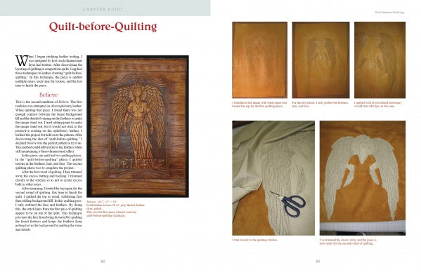 In Schiffer Publishing, Ltd.'s "Quilted Leather," a spread shows text beside a photo of a wooden angel labeled Believe; opposite page displays step-by-step sewing machine quilting techniques for angel wings on fabric.