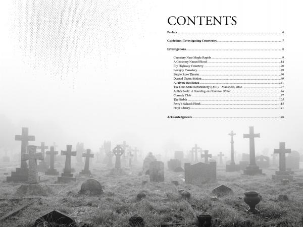 A misty cemetery dotted with gravestones fills the foreground. On the right, the table of contents for "Ghost Hunting in Michigan" by Schiffer Publishing, Ltd. lists chapters and pages on cemeteries and investigations.