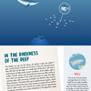 An illustrated infographic from "The Sea" by Schiffer Publishing, Ltd. reveals whales, krill, and fish at various depths, with circular insets highlighting krill and deep-sea creatures—ideal for ocean animal books or panoramic fold-out posters.