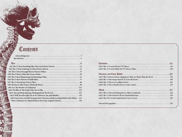 The Thrill of Repulsion by Schiffer Publishing, Ltd. features a table of contents with a red skeleton spine and skull illustration, listing chapters on horror genre topics, TV shows, movies, comics, music, and film with page numbers.