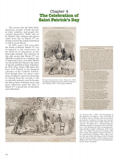 Page from St. Patrick's Day & Irish Collectibles by Schiffer Publishing, Ltd., showing "Chapter 4: The Celebration of Saint Patrick’s Day," with text on Irish history and two vintage black-and-white parade illustrations.