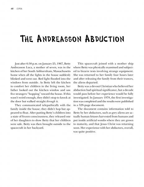 A page from More New England Graveside Tales by Schiffer Publishing, Ltd. features two columns of text about the 1967 UFO abduction of Betty Andreasson, its aftermath, investigations, and its place in New England hauntings and UFO lore.