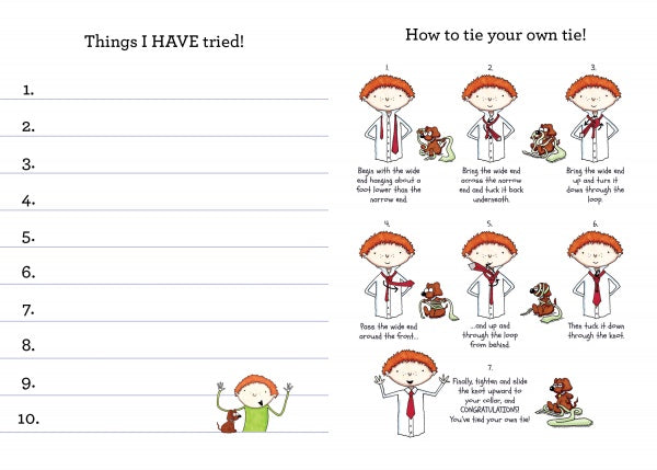 A list titled Things I HAVE tried! from Schiffer Publishing, Ltd.'s "squarzi," with ten blank lines on the left and fun, step-by-step tie-tying instructions on the right, featuring a cheerful child and dog, encouraging kids to try new things.