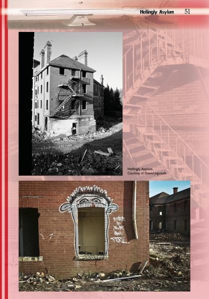 A black-and-white photo from Schiffer Publishing, Ltd.'s Haunted Asylums shows Hellingly Asylum’s exterior with a fire escape; below, a color shot depicts a graffiti-covered doorway amidst debris.