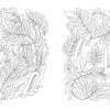 Two detailed black-and-white pages from the Happy Place Coloring Book by Schiffer Publishing, Ltd.: a symmetrical leopard face with leaves and “wild” in leafy accents—perfect for relaxing coloring mazes or adult coloring book collections.