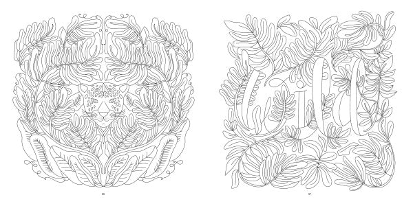 Two detailed black-and-white pages from the Happy Place Coloring Book by Schiffer Publishing, Ltd.: a symmetrical leopard face with leaves and “wild” in leafy accents—perfect for relaxing coloring mazes or adult coloring book collections.