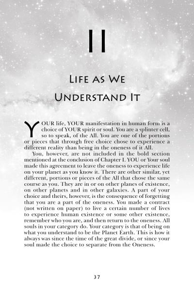 A page from "From God to You" by Schiffer Publishing, Ltd. displays chapter title II, exploring how life is a soul’s choice of experiences and realities, as explained in channeled messages across different categories.