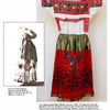 A traditional Mexican Chiné Nahua outfit inspired by Mexican folk art, featuring a colorful embroidered blouse and butterfly skirt, shown next to a photo of someone in a similar outfit, from Mexican Popular Art by Schiffer Publishing, Ltd.