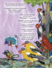 Illustration of North American birds—woodpecker, mockingbird, finches, flycatcher, cardinal, and whip-poor-will—perched on branches under a purple sky with song descriptions; from Song for Papa Crow by Schiffer Publishing, Ltd. Ages 5-8.