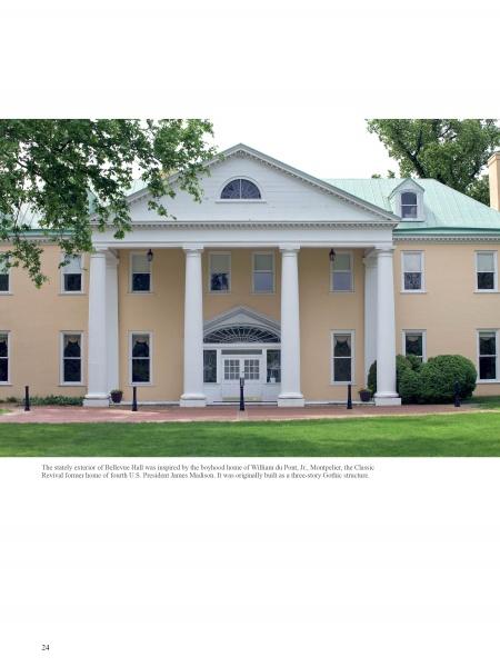 Chateau Country by Schiffer Publishing, Ltd. captures the timeless charm of Brandywine Valley du Pont estate homes—a light yellow, two-story building with a green metal roof, white columns, and a grand central entrance amid lush lawns and trees.