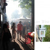 A lively scene from "Chester County Out & About" by Schiffer Publishing, Ltd.: people stroll a sunny brick sidewalk at a bustling street market, smoke or mist in the air. Inset features a shop sign with lush greenery behind it.