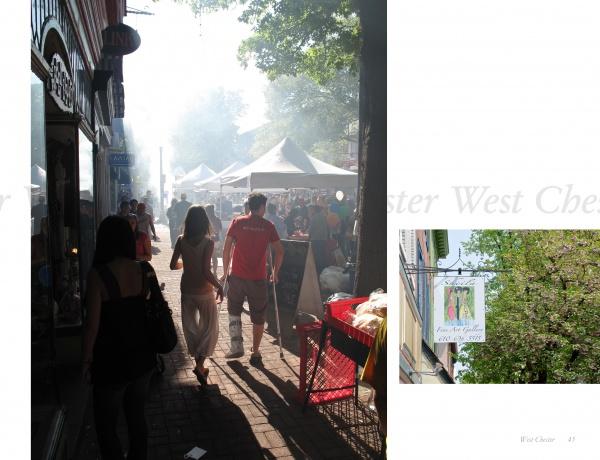 A lively scene from "Chester County Out & About" by Schiffer Publishing, Ltd.: people stroll a sunny brick sidewalk at a bustling street market, smoke or mist in the air. Inset features a shop sign with lush greenery behind it.