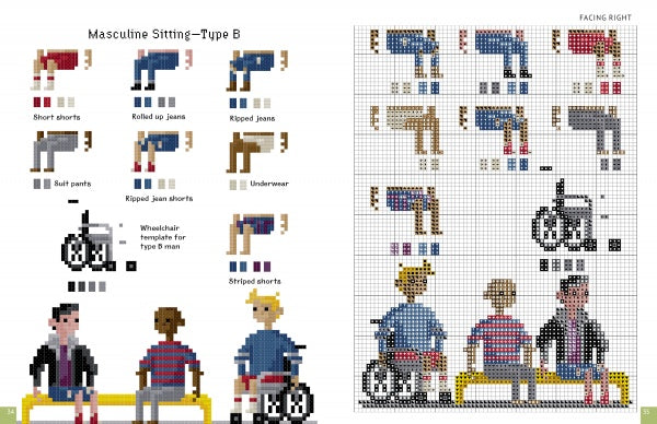 A personalized PixlPeople cross-stitch pattern by Schiffer Publishing, Ltd. features charmingly detailed people in wheelchairs.