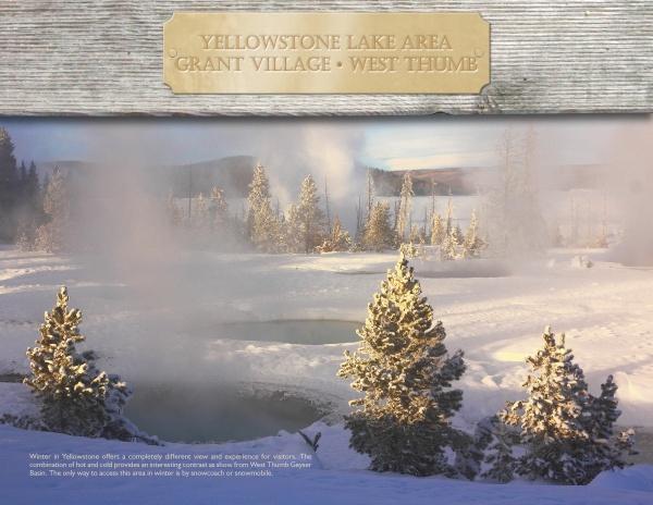 Snow-covered pines surround a steaming hot spring in Yellowstone National Park by Schiffer Publishing, Ltd., with geysers, mountains, and forest in the background beneath a partly cloudy sky.