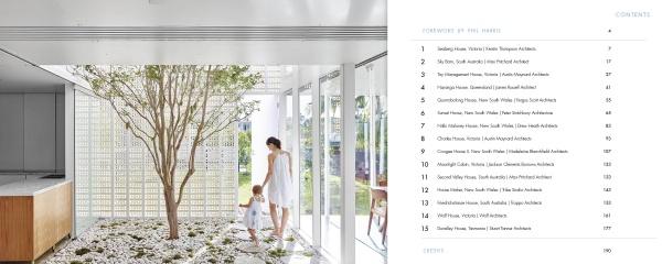 A woman and child stand by an indoor tree in a bright, modern space—an inspiring scene featured in Australia Modern from Schiffer Publishing, Ltd. On the right, a clean, minimalist table of contents is visible.