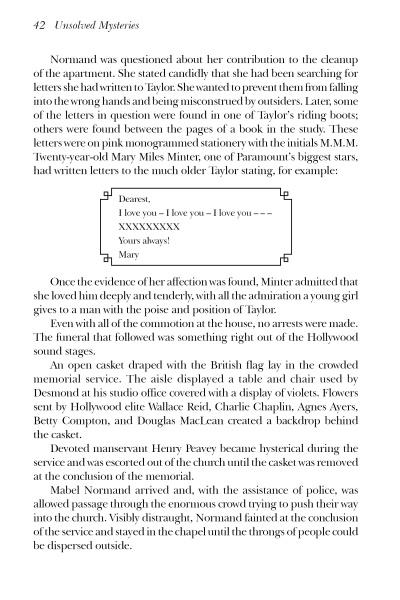 A page from The Final Curtain by Schiffer Publishing, Ltd. explores Mary Minter’s relationship with Taylor, discusses celebrity deaths, and features an image of Mary’s letter: “My love – I love you – I love you – I love you.”.
