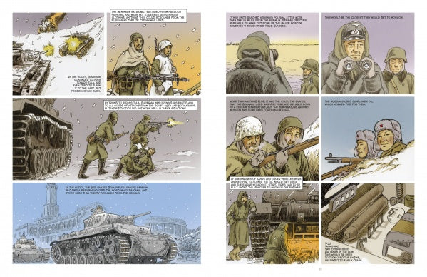 Experience WWII through comic-style art in Knights of the Skull, Vol. 2 from Schiffer Publishing, Ltd.—featuring German Panzer troops in winter, tanks advancing through snow, ammo loading scenes, and speech bubbles for a classic graphic novel vibe.