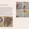 In "Hardwood Edging and Inlay for Curved Tables" by Schiffer Publishing, Ltd., a book spread presents step-by-step photos and instructions for drawing and cutting a curved tabletop pattern on fabric, with detailed diagrams and images.