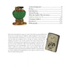 A contents page from "The Handbook of Vintage Cigarette Lighters" by Schiffer Publishing, Ltd., showing a green antique lighter, an engraved Zippo-style lighter, a pen, and the lighter collectors guide listed on the right.