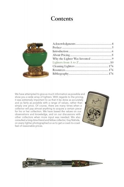A contents page from "The Handbook of Vintage Cigarette Lighters" by Schiffer Publishing, Ltd., showing a green antique lighter, an engraved Zippo-style lighter, a pen, and the lighter collectors guide listed on the right.