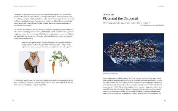 A spread from "Housing and the City" by Schiffer Publishing, Ltd. features a fox beside a large carrot on the left page; the right, titled "Place and the Displaced," examines affordable housing and urban history through a crowded boat scene.