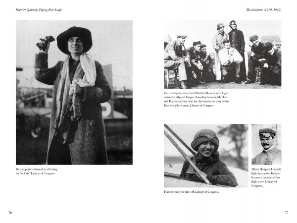 A collage of black-and-white photos from "Harriet Quimby" by Schiffer Publishing, Ltd. showcases the aviator smiling in flight gear, with fellow pilots, and seated in an aircraft, capturing her pioneering role in women's aviation.