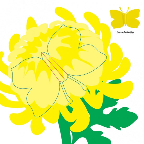 A vibrant yellow butterfly appears on a chrysanthemum with green leaves against a white backdrop, from "Insects" by Schiffer Publishing, Ltd.—ideal inspiration for origami or paper folding projects featuring insect designs.