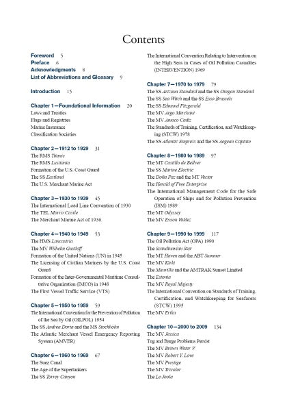 The table of contents for Maritime Casualties by Schiffer Publishing, Ltd. lists chapters by year ranges, ship names, and maritime topics—covering industry developments, treaties, notable ships, and disasters—in two columns.