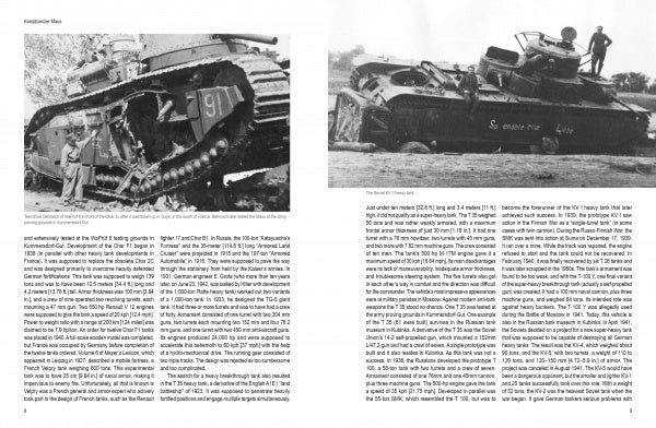 Two black-and-white photos from Schiffer Publishing, Ltd.'s Kampfpanzer Maus feature a German tank with a soldier and an overturned SS-marked tank, both set against detailed historical text about WWII military vehicles.