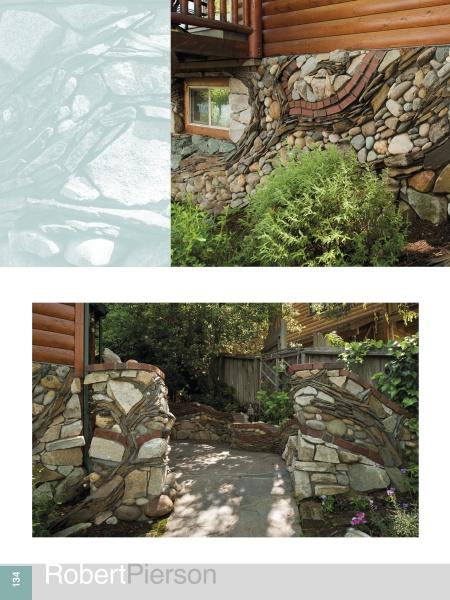 Two photos from "Built with Stone" by Schiffer Publishing, Ltd. display a rustic house and garden wall, where stones, sticks, and branches are artistically arranged to blend with the wooden home and landscaped garden.