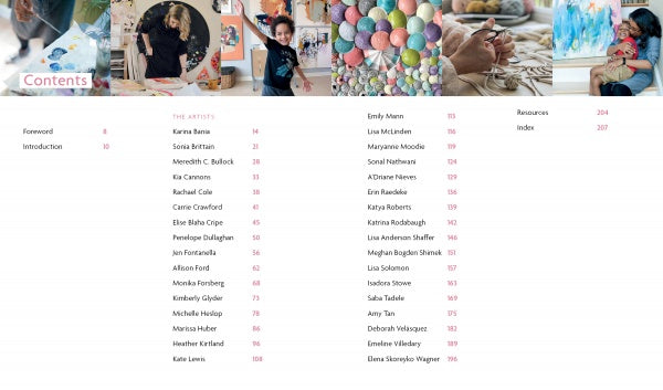 The Motherhood of Art by Schiffer Publishing, Ltd. features a table of contents with a collage of artistic mothers and vibrant art supplies above artist names and page numbers arranged in center and right columns.