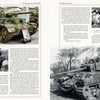 A two-page spread from "For Want of a Gun" by Schiffer Publishing, Ltd. features a color photo of a German WWII tank and wartime scenes on the left, with black-and-white images of damaged tanks and soldiers plus text on the right.