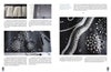 Two pages from "Sculptural Secrets for Mosaics" by Schiffer Publishing, Ltd. show detailed steps for hand-embellishing black fabric with silver and crystal beads, sequins, and stones, plus close-ups of the intricate beadwork and tools used.