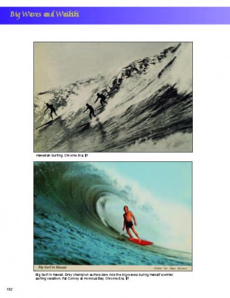 Schiffer Publishing's The Ultimate Collector's Guide to features two vintage Hawaiian surf postcards—one with four surfers on a large wave, the other with a surfer in a red suit within the curl—a must-have for surf collectibles fans.