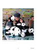 A man in a cap examines plush pandas with a magnifying glass, echoing contemporary Chinese art themes. Speech bubbles read, "Are they clones of me?" and "No, they are fakes!" Colorful toys fill the background. From "Chinese Artists" by Schiffer Publishing, Ltd.