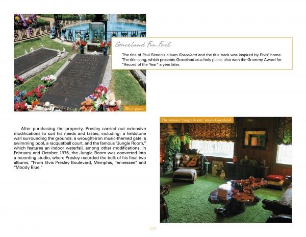 Top left: Elvis Presley’s flower-adorned grave at Graceland. Bottom right: The iconic Jungle Room with green carpet and rainforest decor, as featured in "Traveling in Tennessee" by Schiffer Publishing, Ltd.