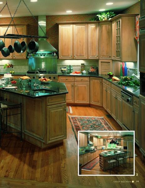 Discover stunning kitchen ideas from "Great Kitchens" by Schiffer Publishing, Ltd., featuring light wood cabinets, dark countertops, a center island, stainless steel appliances, and smart storage solutions like a wine rack and green bar stools.